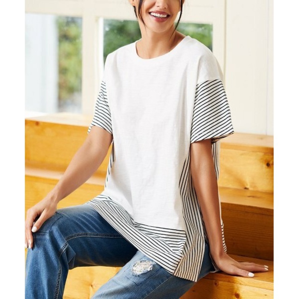 Simple Suzanne Betro White & Black Striped Relaxed Fit Dolman Tee Top Size 3X